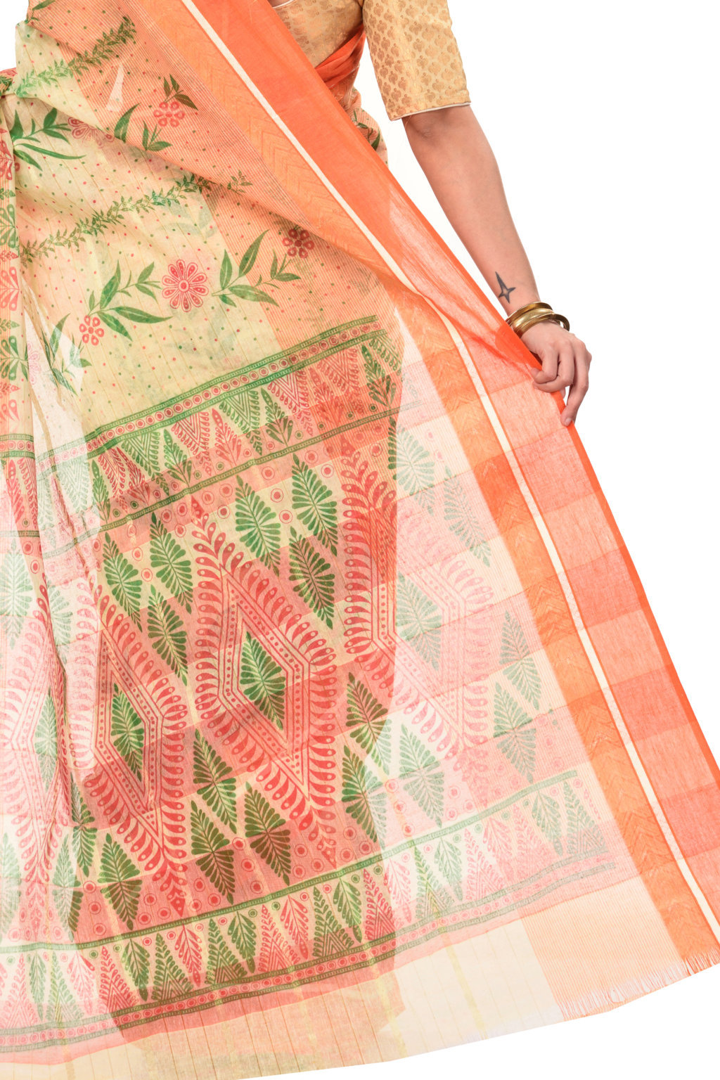 Orange Pure Cotton Lata Pata Tant Saree Print (436)